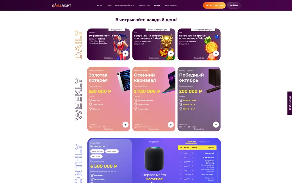 Бонусные предложения от казино allright.